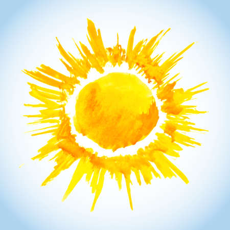 watercolor sun drawing on blue sky backgroundのイラスト素材