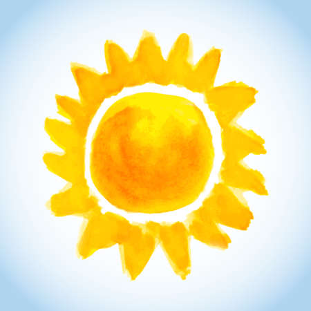 childish watercolor sun on blue sky backgroundのイラスト素材