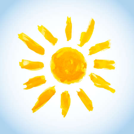 simple childlike watercolor sun on blue sky backgroundのイラスト素材