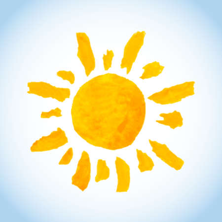 funny childlike watercolor sun on blue sky backgroundのイラスト素材