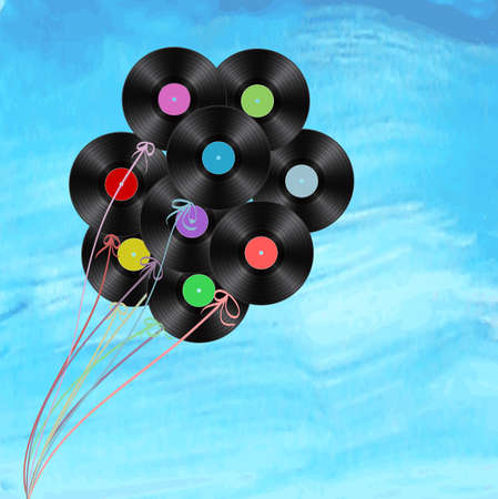 vinyl disks as balloons on watercolor backgroundのイラスト素材