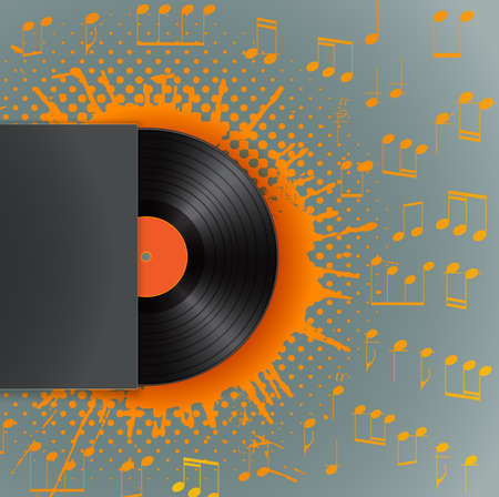 vinyl disk in blank cover envelope on stain with halftone and musical notes backgroundのイラスト素材