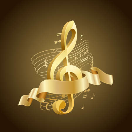 golden musical treble clef with abstract lines and notes, ribbon on brown backgroundのイラスト素材