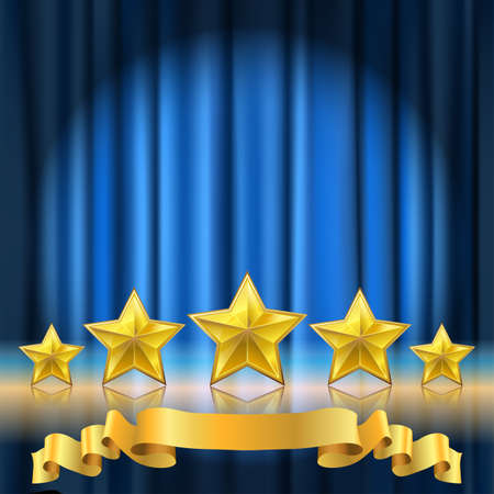 blue curtain theater background and a row of golden realistic stars with reflectionのイラスト素材