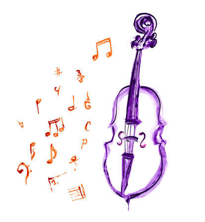 watercolor violet hand drawn cello and musical notesのイラスト素材