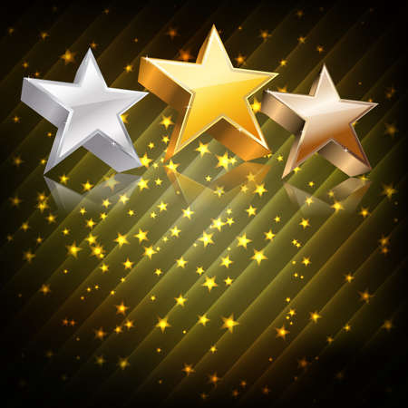 Golden, silver and bronze stars on abstract dark background. vectorのイラスト素材