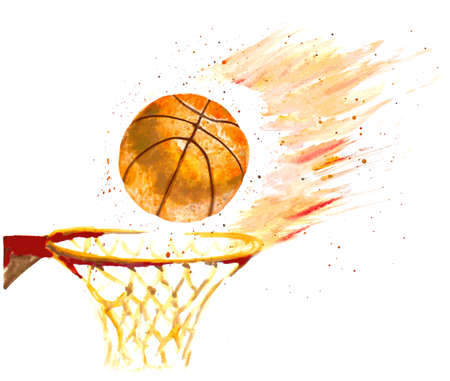 watercolor basketball ball thrown in a basketのイラスト素材