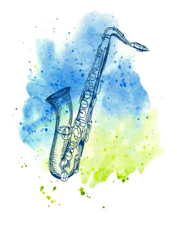 hand drawn classical alto saxophone on watercolor splashのイラスト素材
