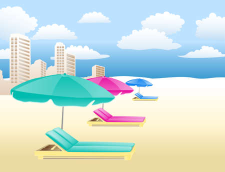chairs with umbrellas on the beach with clouds and housesのイラスト素材