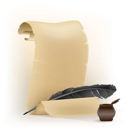 black feather and old scroll on whiteのイラスト素材