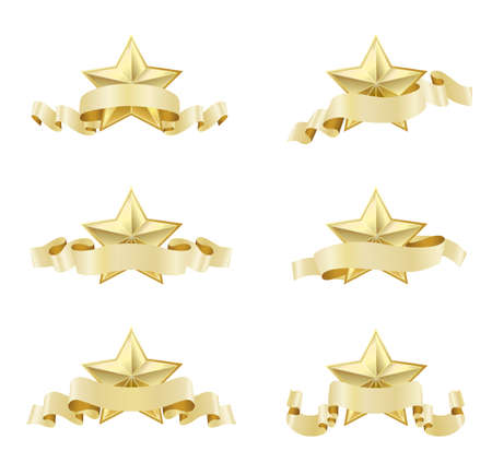 set of golden realistic stars with ribbons on whiteのイラスト素材