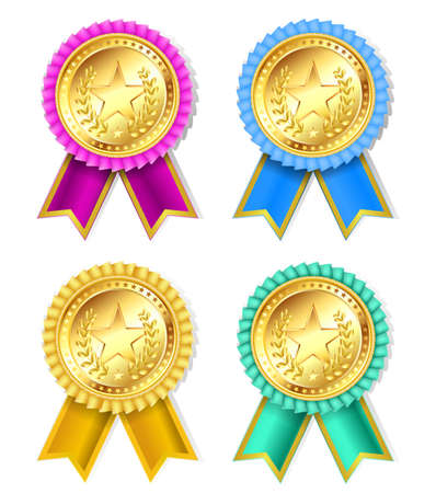 set of golden award with stars and ribbonsのイラスト素材