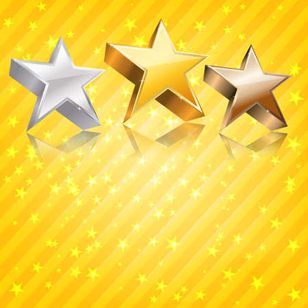 Golden, silver and bronze stars on abstract yellow background. のイラスト素材