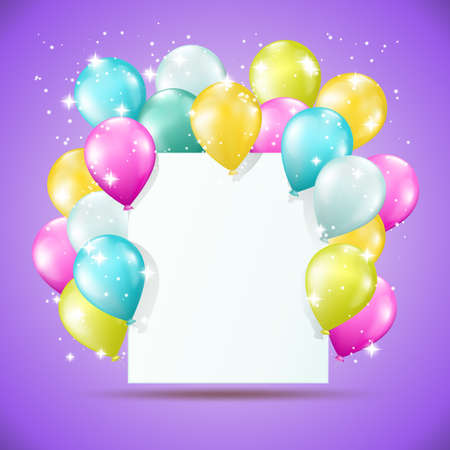 blank white card with balloons and sparkles on violet backgroundのイラスト素材