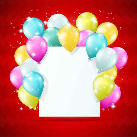 blank white card with balloons and sparkles on red backgroundのイラスト素材