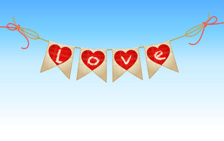 vintage bunting with hearts and love word on blue sky. vectorのイラスト素材