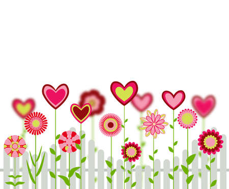 flowers with heart shapes with fence. abstract retro love greeting card. vectorのイラスト素材
