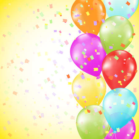 background with bright colorful balloons as a border and confetti on yellow backgroundのイラスト素材