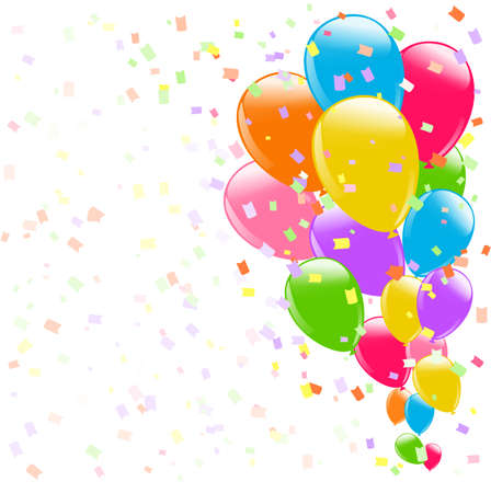 flying colorful balloons and confetti on white backgroundのイラスト素材