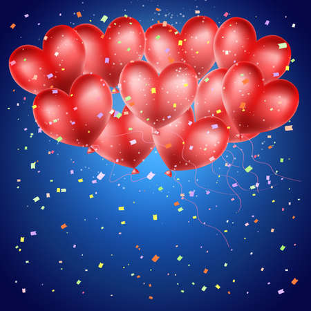 heart balloons and confetti flying on blue background.のイラスト素材
