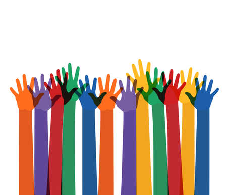 abstract illustration with raising multi color hands.のイラスト素材