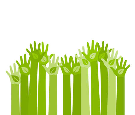 abstract illustration with raising hands with a leaf symbol. Eco friendly design template. care of environment volunteer concept.のイラスト素材