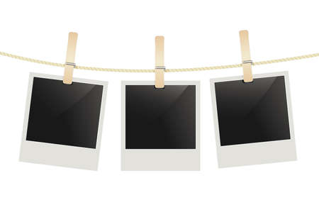 photo frames hanging on a rope with clothespins.のイラスト素材