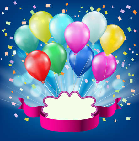 colorful balloons, confetti, light burst, ribbon and frame background. celebration vector design templateのイラスト素材