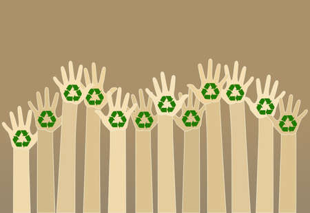 raising carton hands with a recycle symbol on brown background. eco friendly design template.のイラスト素材