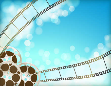 cinema blue background with retro filmstrip, film reel. vintage movie abstract horizontal background.のイラスト素材