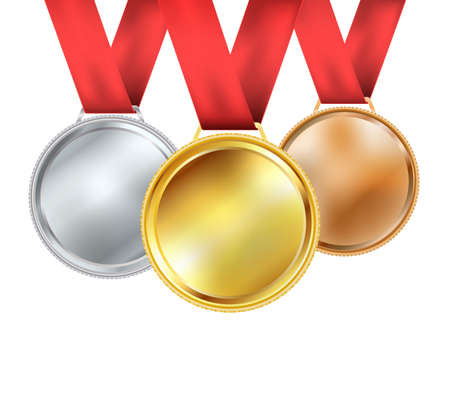 set of medals with red ribbon on white.のイラスト素材