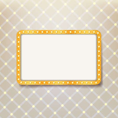 golden retro frame with light bulbs on royal pattern background. advertising or cinema design template.のイラスト素材
