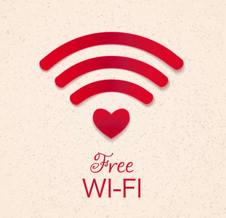 Red icon with heart shape as point access. free connection symbol, hotspot sign. on grunge yellow textured background. vectorのイラスト素材