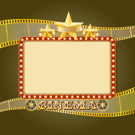 Shining light cinema banner. Retro cinema frame with lights, stars, ribbon, reels, filmstrip. Vector template for Your designのイラスト素材