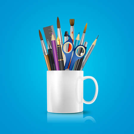 White realistic cup with office supplies, pencils, pens, scissors, ruler, paint brushes. Vector conceptual image of office life and objects.のイラスト素材