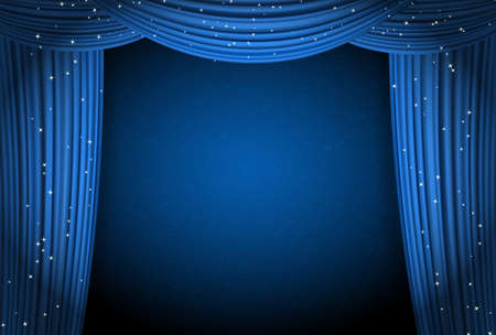 blue curtains on blue background with glittering stars. open curtains as theater or movie presentation or cinema award announcement with space for textのイラスト素材