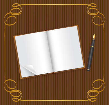 Open book with empty space for text, and pen, on vintage brown background with golden frameのイラスト素材