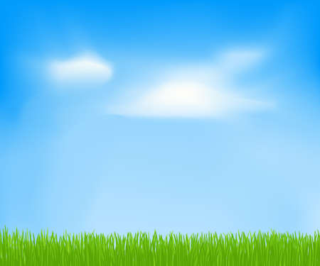 Abstract spring background with sky, clouds, green grass. Vector template for Your designのイラスト素材