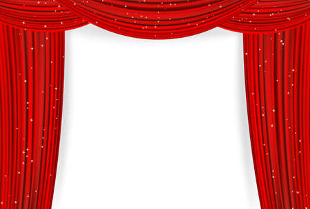 Open red curtains with stars on white background. Theater or movie presentation or cinema award announcement with space for text. vector template for Your designのイラスト素材