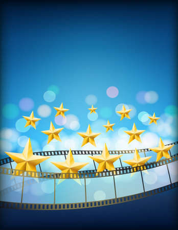 cinema blue background with filmstrips and golden flying stars. vertical abstract vector backgroundのイラスト素材