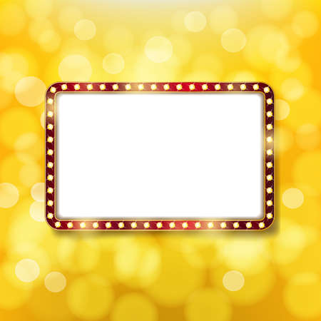 Golden retro frame with light bulbs on golden background. Advertising or cinema design template. Vectorのイラスト素材