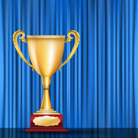 trophy golden cup on blue curtain background. vector illustrationのイラスト素材