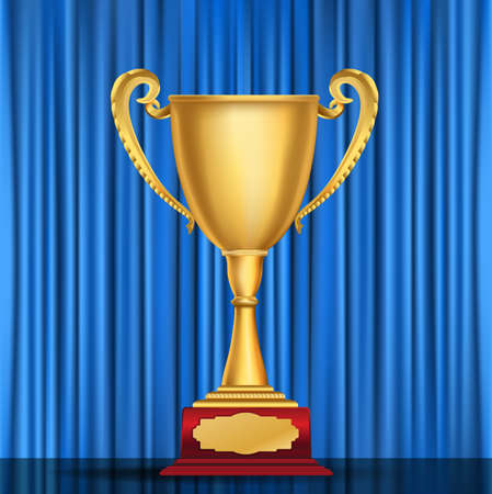 Golden sports cup on blue curtain background. vector illustrationのイラスト素材