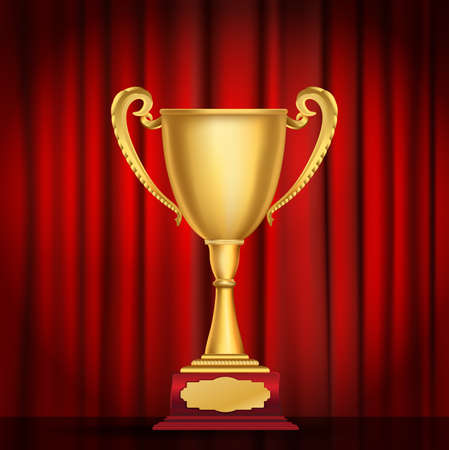 trophy golden cup on red curtain background. vector illustrationのイラスト素材