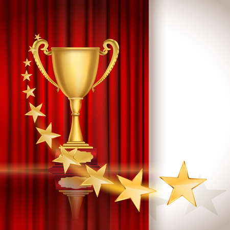 Golden sports cup on red curtain background with stars. vector illustrationのイラスト素材