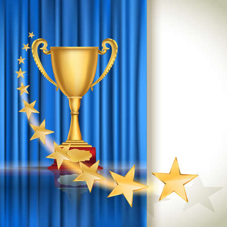 Golden sports cup on blue curtain background with flying stars. vector illustrationのイラスト素材