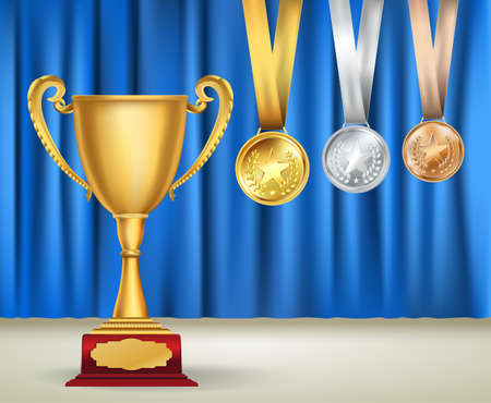 Golden trophy cup and set of medals with ribbons on blue curtain background. Sports competition awards collection. Vector design templateのイラスト素材