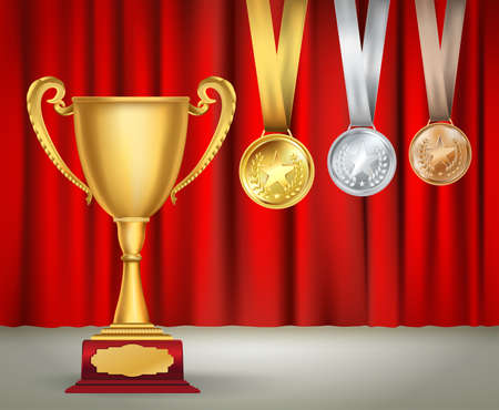 golden trophy cup and set of medals with ribbons on red curtain background. Sports competition awards collection. Vector design templateのイラスト素材