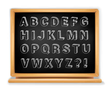 Chalkboard alphabet set on wooden blackboard. Capital letters with 3d effect. Vectorのイラスト素材