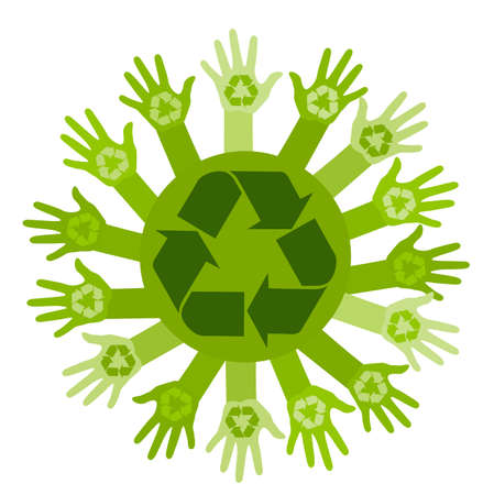 Conceptual ecology illustration with hands and recycling sign. vectorのイラスト素材